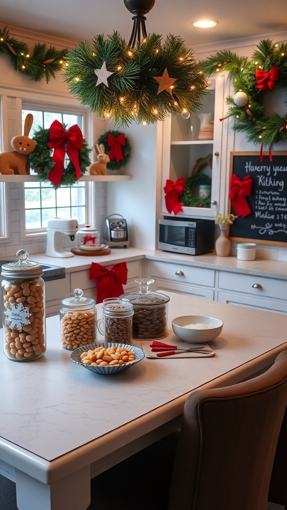 A cozy Christmas-themed kitchen with festive decorations, cookie jars, and baking tools.